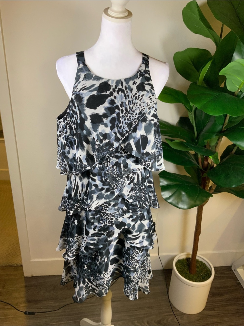 S.L. Fashions Black and Gray Tiered Animal Print Dress
